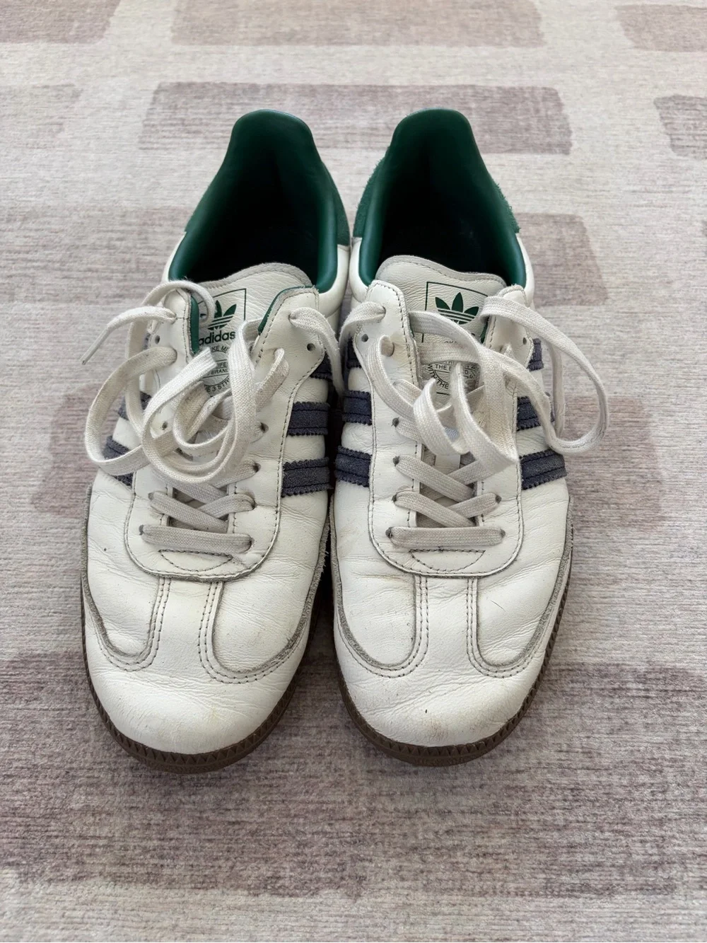 adidas Samba Sneakers in White with Navy Stripes and Green Heel Tab